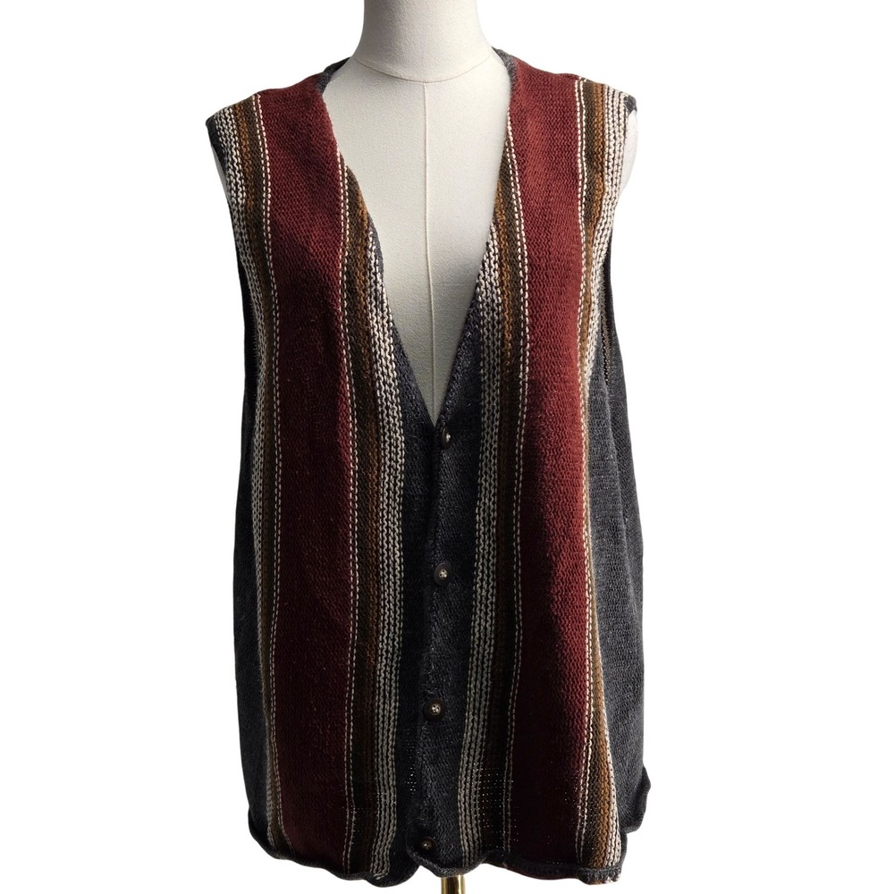 Arizona Jean Company Sweater Vest Mens L Gray Striped V-Neck Knit Button
